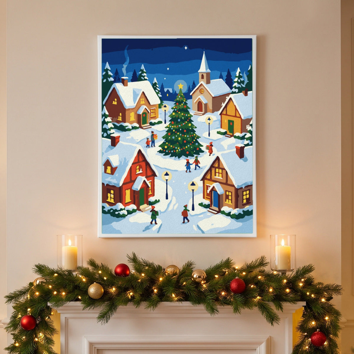 Christmas village paint by numbers above a festive mantel