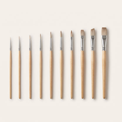 Professional detail brush set: ten wood-handled brushes from fine liner to flat
