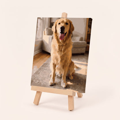 Tabletop easel holding a finished dog portrait canvas