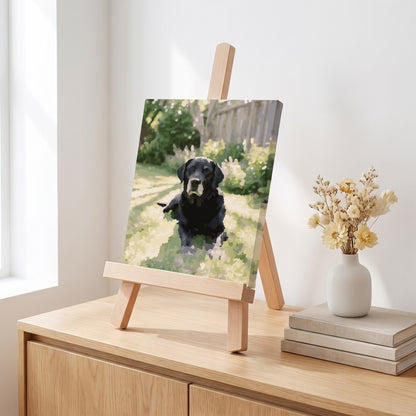 Finished painting displayed on the tabletop easel on a sideboard