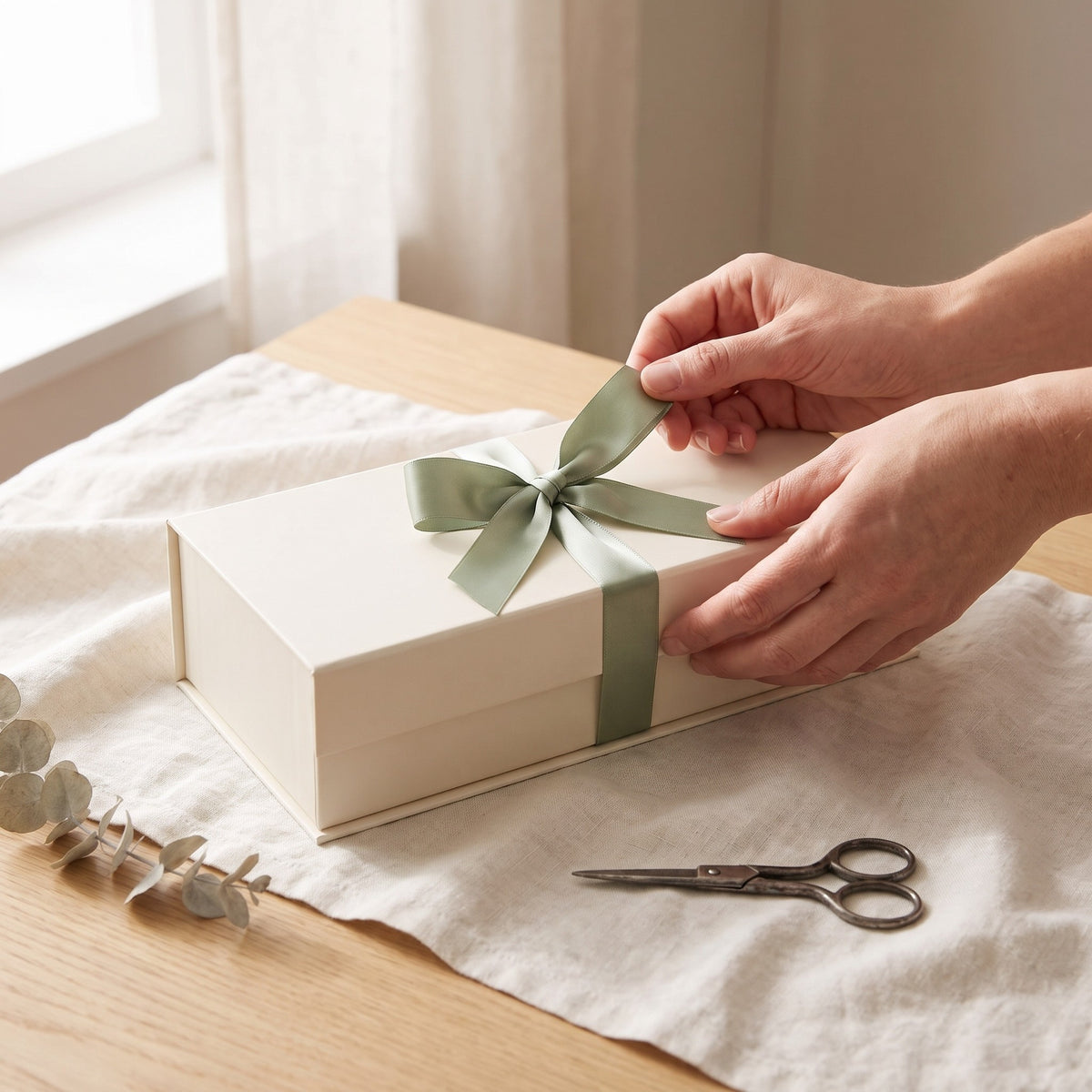 Tying the ribbon on the gift box