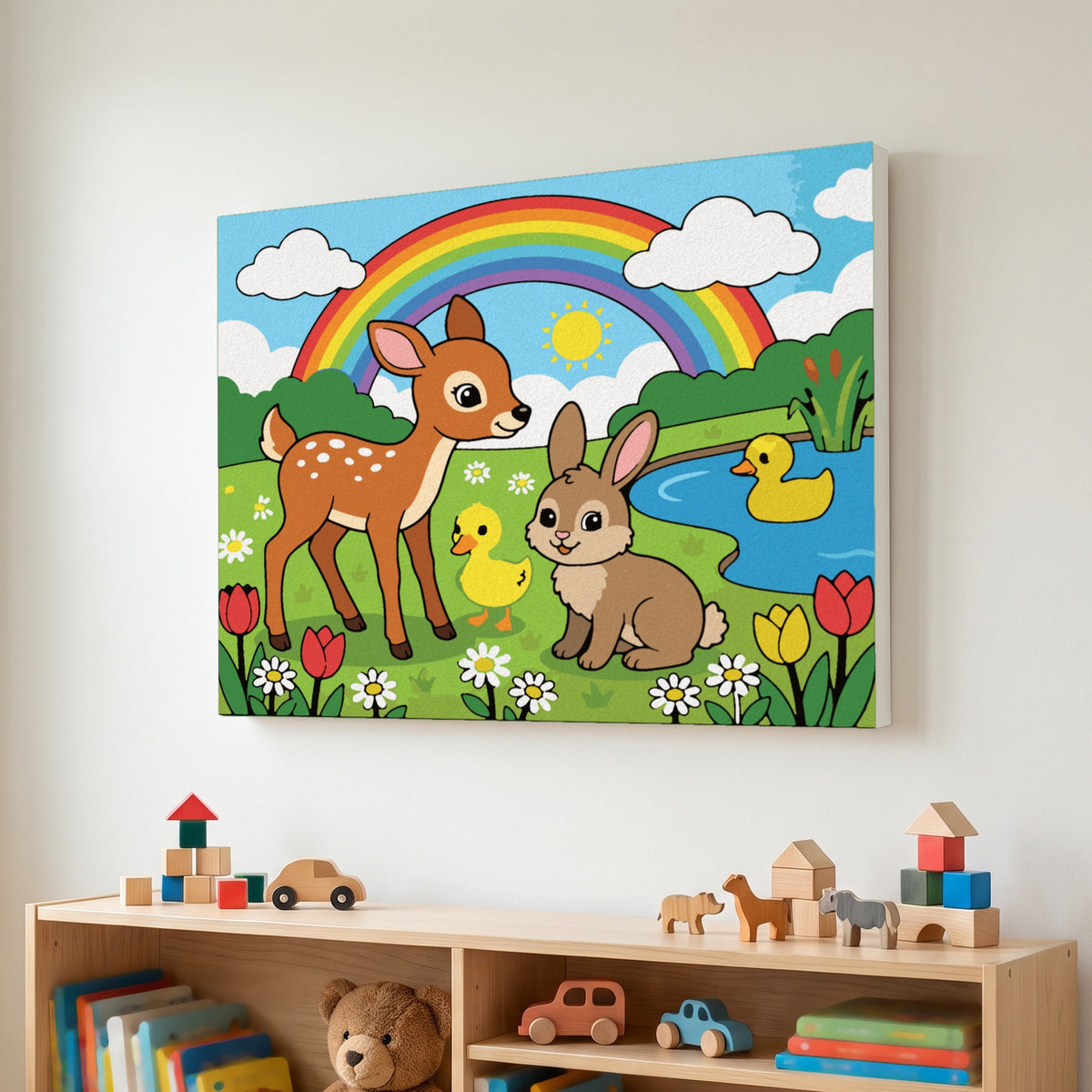 Baby Animals Meadow paint by numbers, finished and hung on the wall