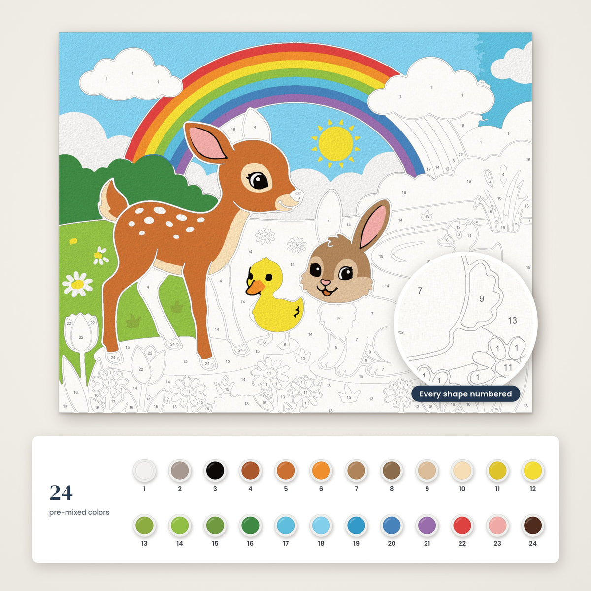 Baby Animals Meadow numbered canvas, half painted, with the 24 numbered paint colors