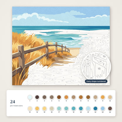 Beach Path numbered canvas, half painted, with the 24 numbered paint colors
