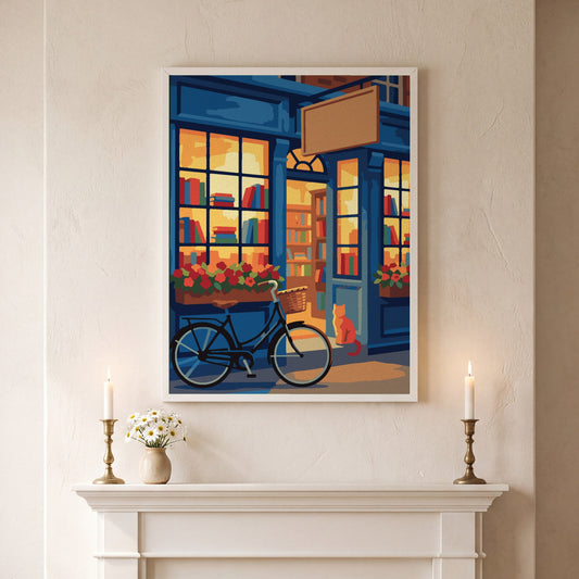 The Blue Bookshop paint by numbers, finished and hung on the wall