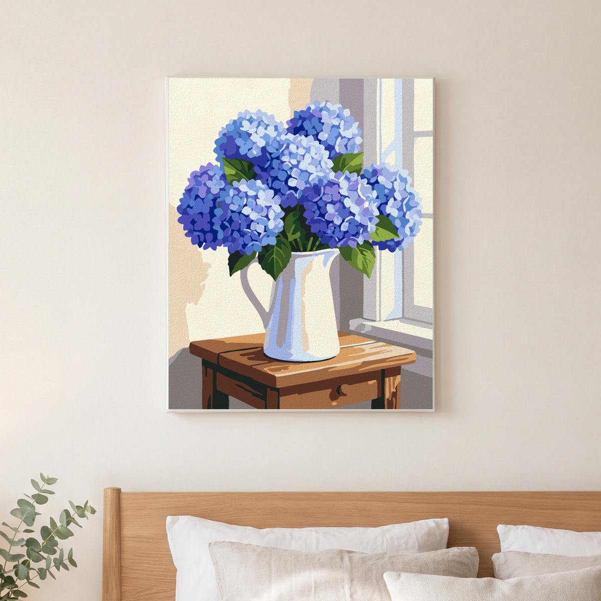 Blue Hydrangeas paint by numbers, finished and hung on the wall
