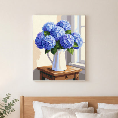 Blue Hydrangeas paint by numbers, finished and hung on the wall