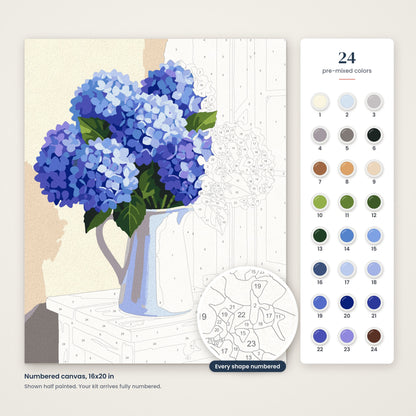 Blue Hydrangeas numbered canvas, half painted, with the 24 numbered paint colors