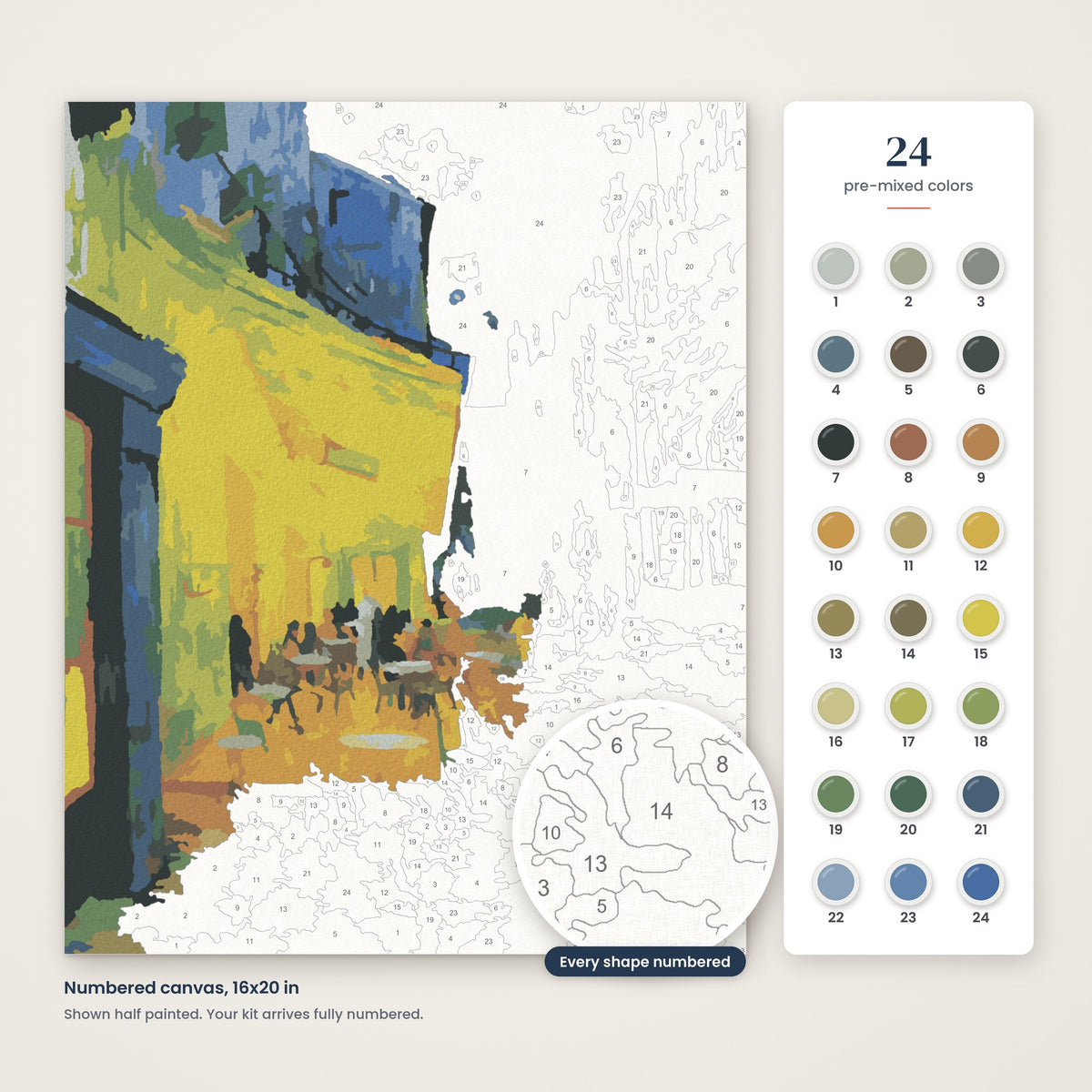 Cafe Terrace at Night (Van Gogh) numbered canvas, half painted, with the 24 numbered paint colors