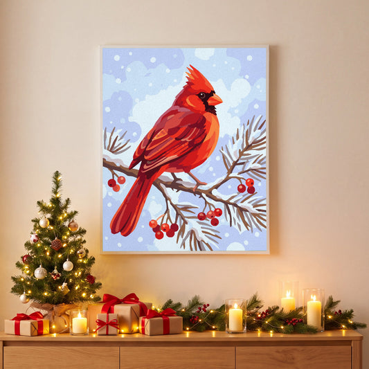 Cardinal in the Snow paint by numbers, finished and hung on the wall