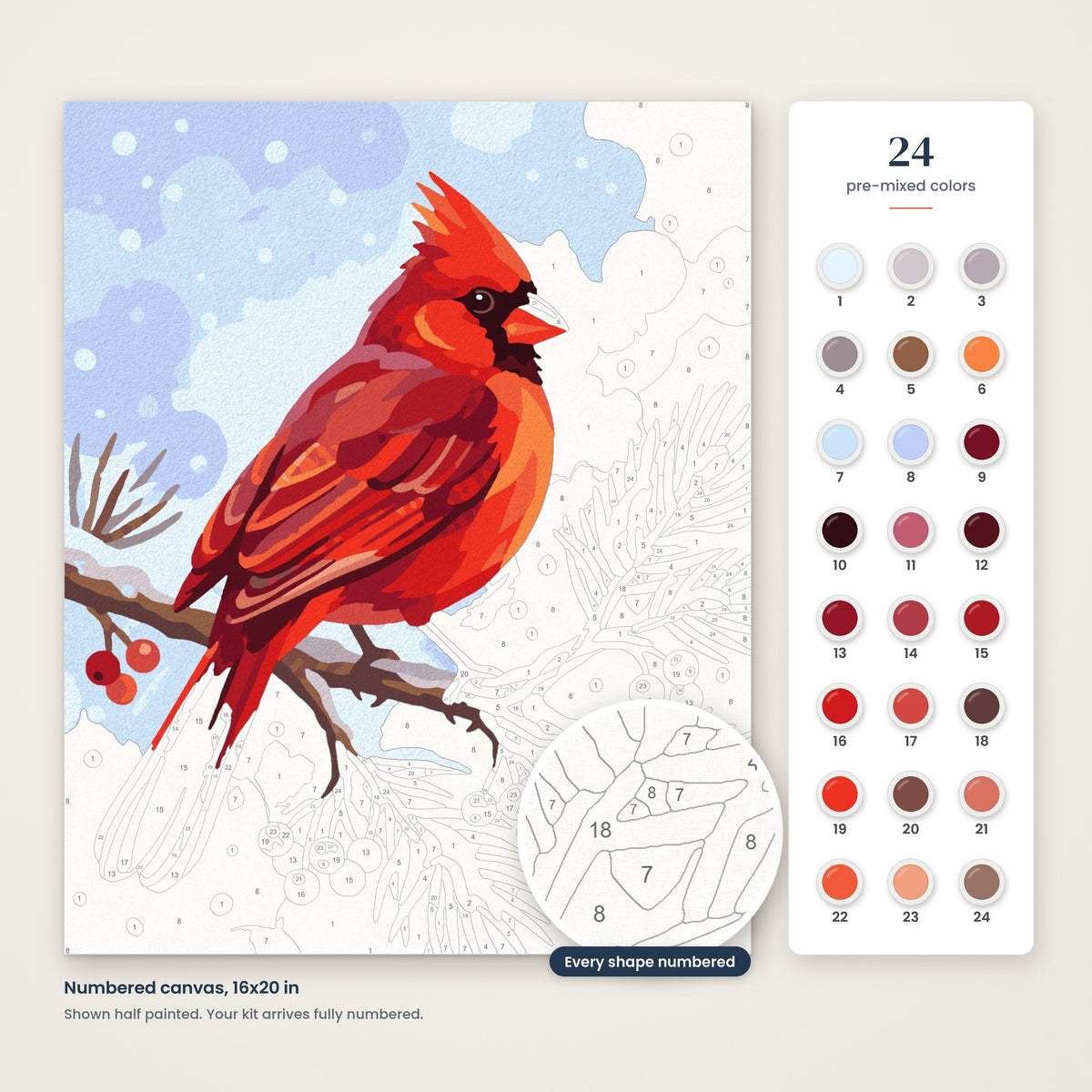 Cardinal in the Snow numbered canvas, half painted, with the 24 numbered paint colors