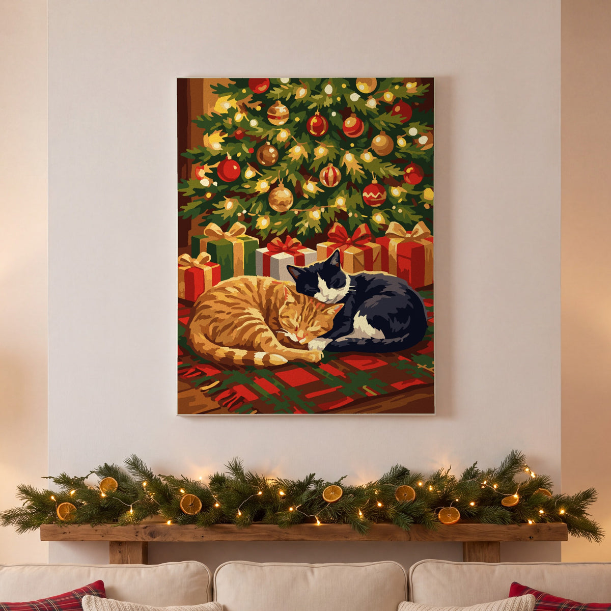 Christmas Cats paint by numbers, finished and hung on the wall