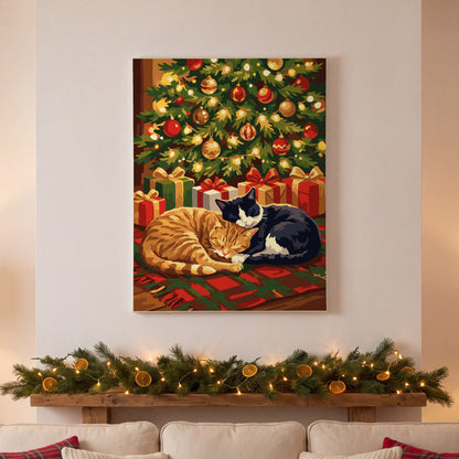 Christmas Cats paint by numbers, finished and hung on the wall