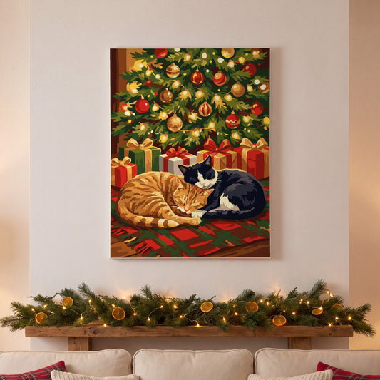 Christmas Cats paint by numbers, finished and hung on the wall