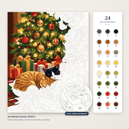 Christmas Cats numbered canvas, half painted, with the 24 numbered paint colors