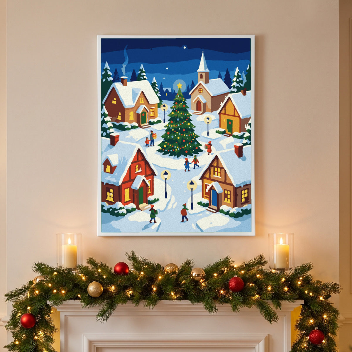 Christmas Village at Night paint by numbers, finished and hung above a Christmas mantel