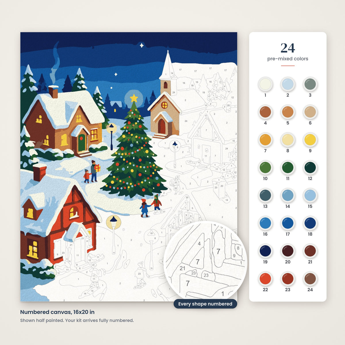Christmas Village at Night numbered canvas, half painted, with the 24 numbered paint colors