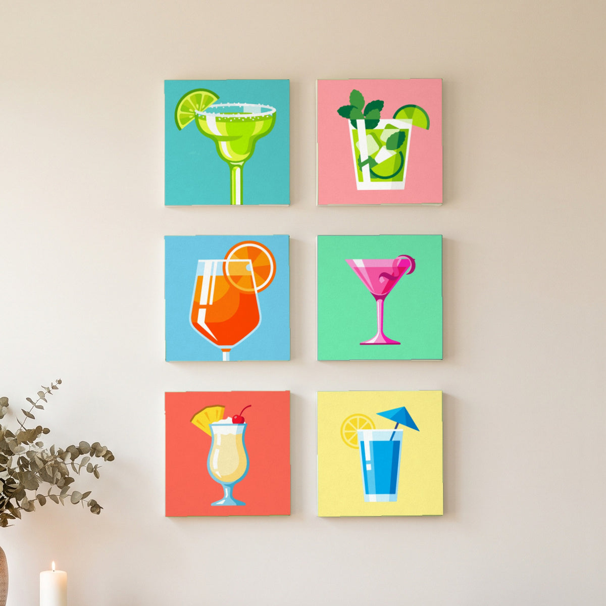 Colorful Cocktails Mini Set: six finished mini paintings hung on the wall