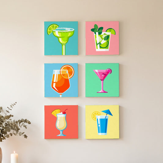 Colorful Cocktails Mini Set: six finished mini paintings hung on the wall