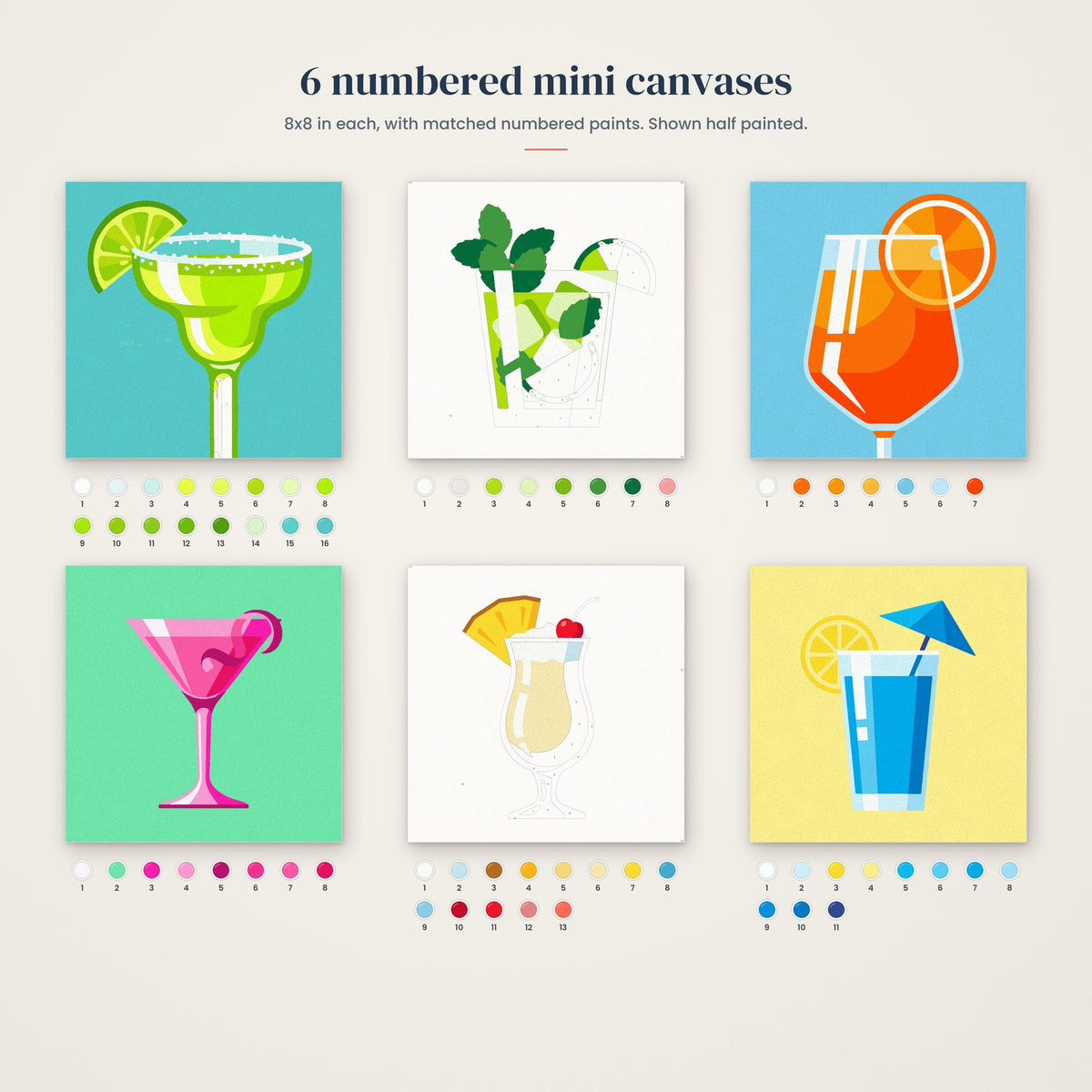 Colorful Cocktails Mini Set: the six numbered mini canvases, half painted, with their numbered paints