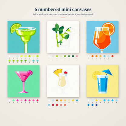 Colorful Cocktails Mini Set: the six numbered mini canvases, half painted, with their numbered paints