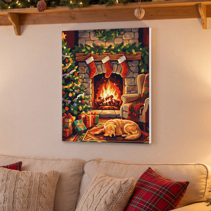 Cozy Christmas Fireplace paint by numbers, finished and hung on the wall