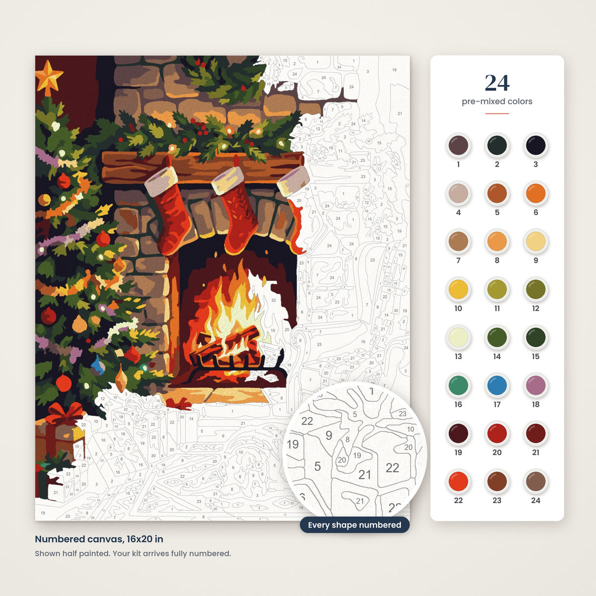 Cozy Christmas Fireplace numbered canvas, half painted, with the 24 numbered paint colors
