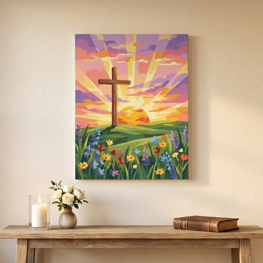 Cross at Sunrise paint by numbers, finished and hung on the wall