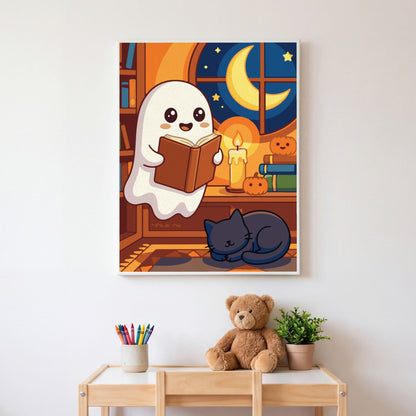 Little Ghost Reading paint by numbers, finished and hung on the wall