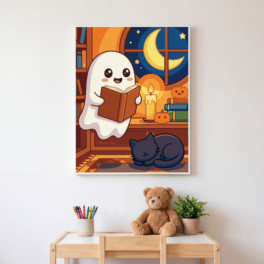 Little Ghost Reading paint by numbers, finished and hung on the wall