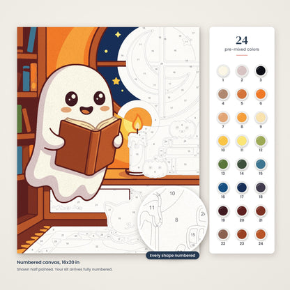 Little Ghost Reading numbered canvas, half painted, with the 24 numbered paint colors
