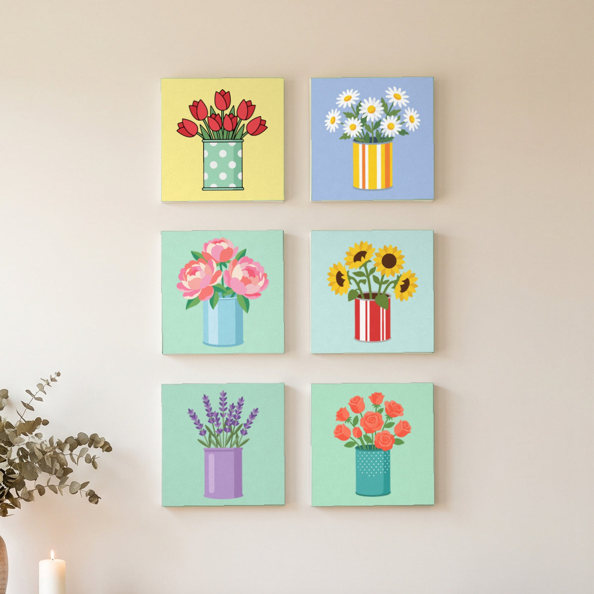 Flowers in Cans Mini Set: six finished mini paintings hung on the wall