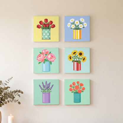 Flowers in Cans Mini Set: six finished mini paintings hung on the wall