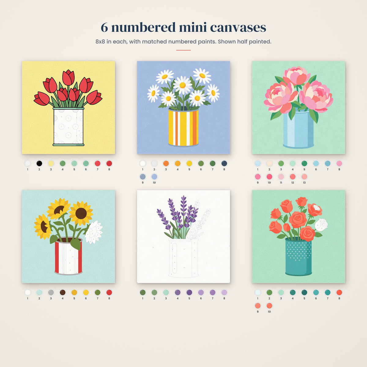 Flowers in Cans Mini Set: the six numbered mini canvases, half painted, with their numbered paints