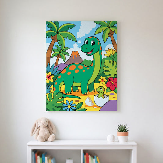 Friendly Dinosaur paint by numbers, finished and hung on the wall
