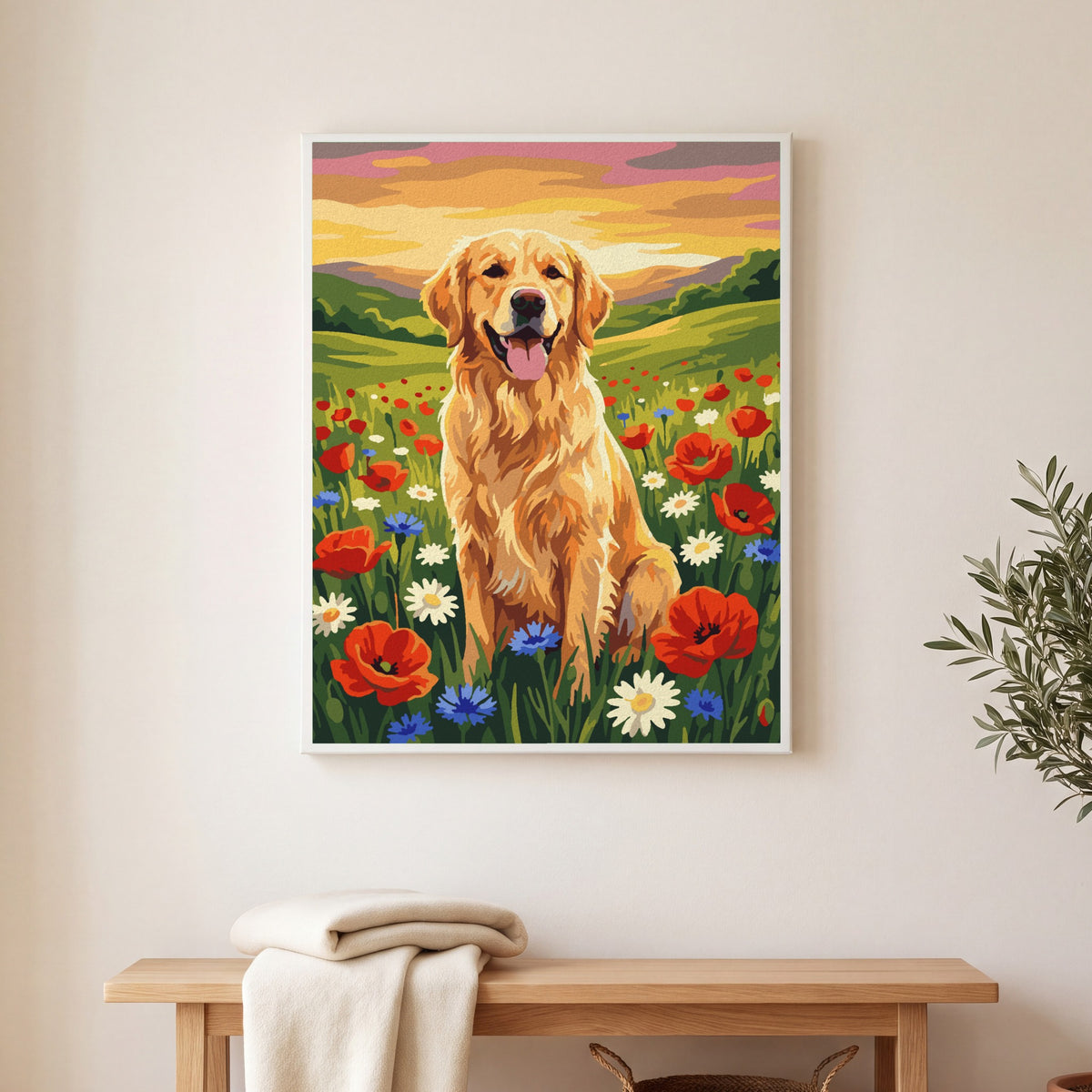 Golden Retriever in Wildflowers paint by numbers, finished and hung on the wall