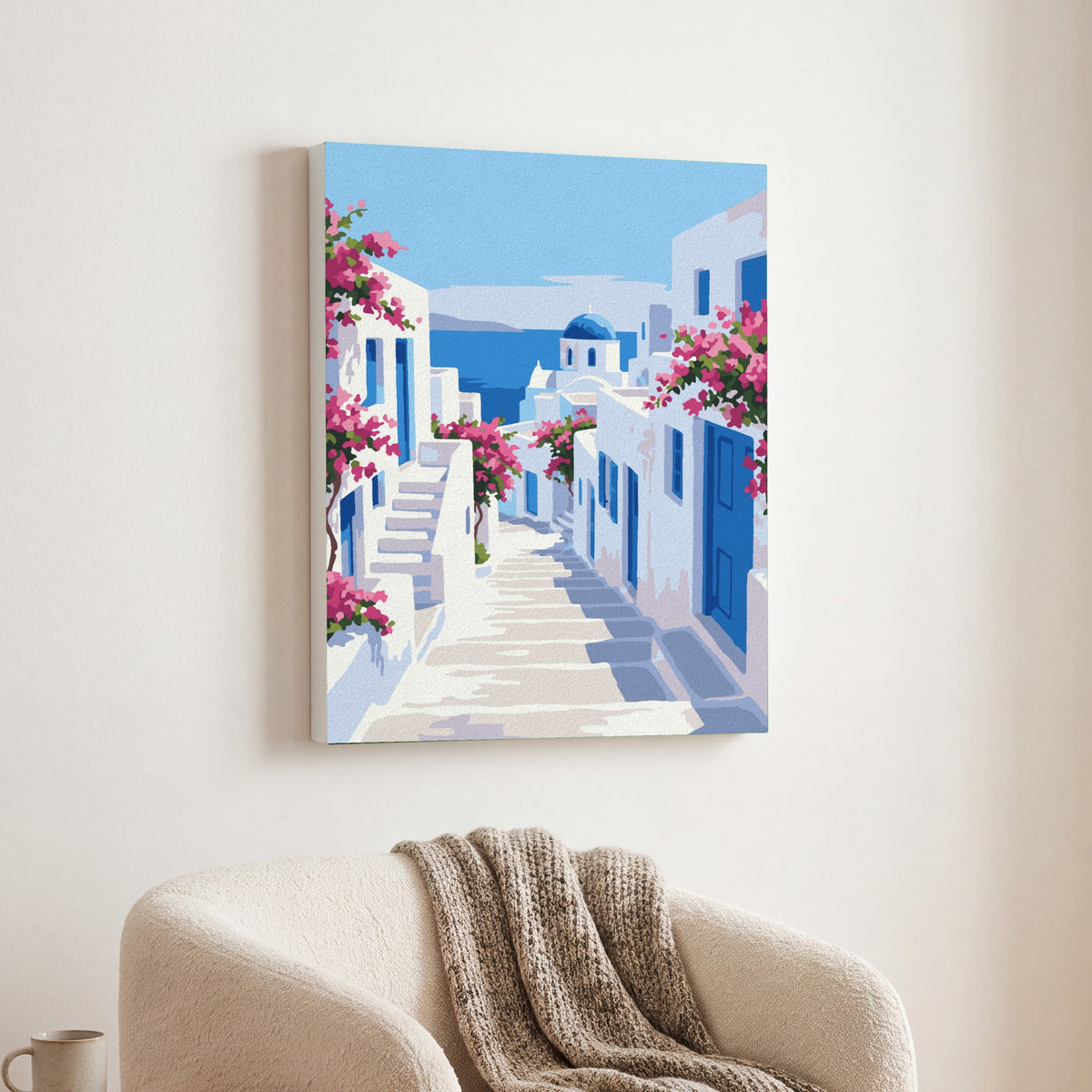 Greek Coastal Steps paint by numbers, finished and hung on the wall