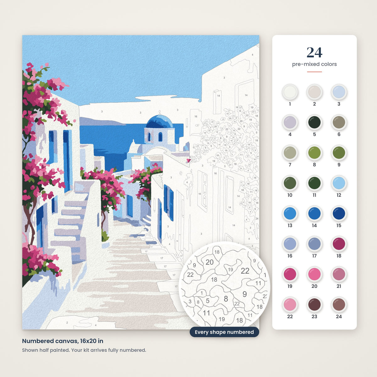 Greek Coastal Steps numbered canvas, half painted, with the 24 numbered paint colors