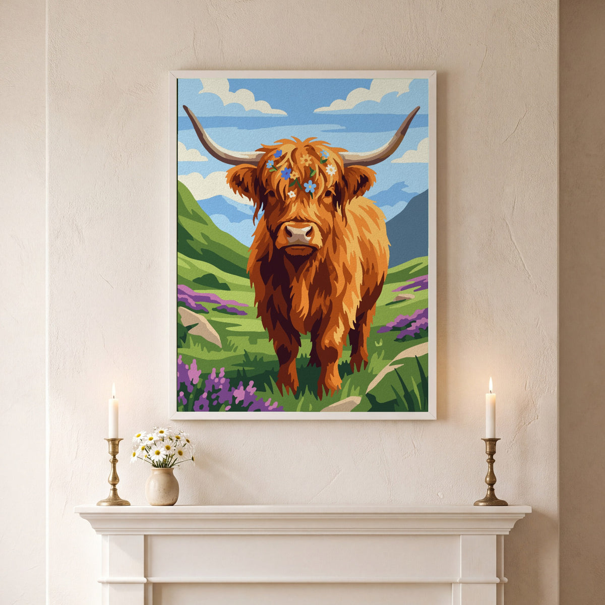 Highland Cow paint by numbers, finished and hung on the wall