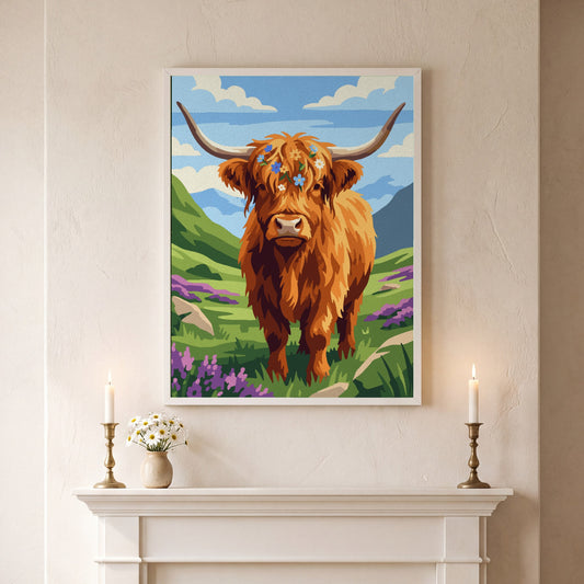Highland Cow paint by numbers, finished and hung on the wall