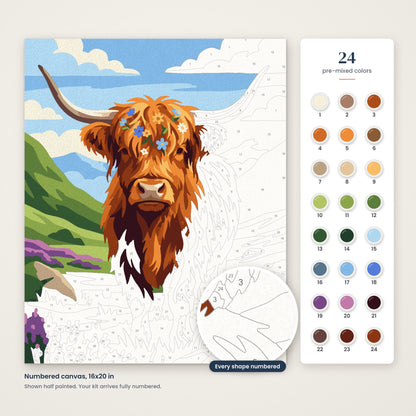 Highland Cow numbered canvas, half painted, with the 24 numbered paint colors