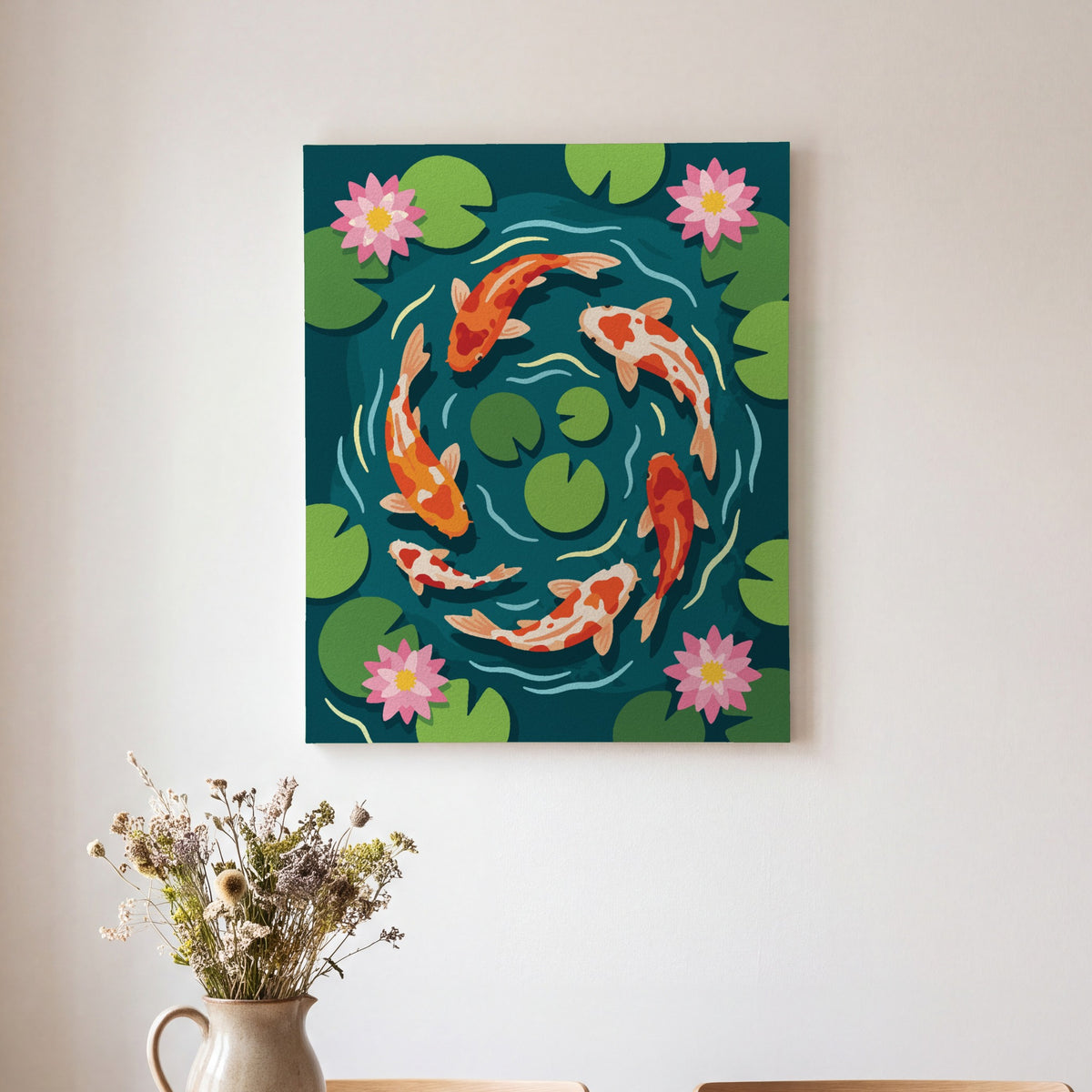 Koi Pond paint by numbers, finished and hung on the wall