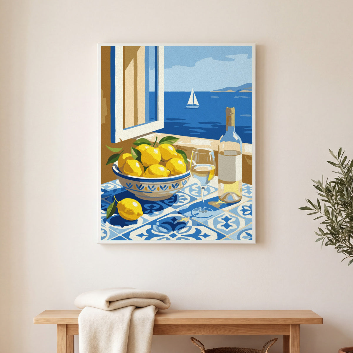 Lemons & Wine paint by numbers, finished and hung on the wall