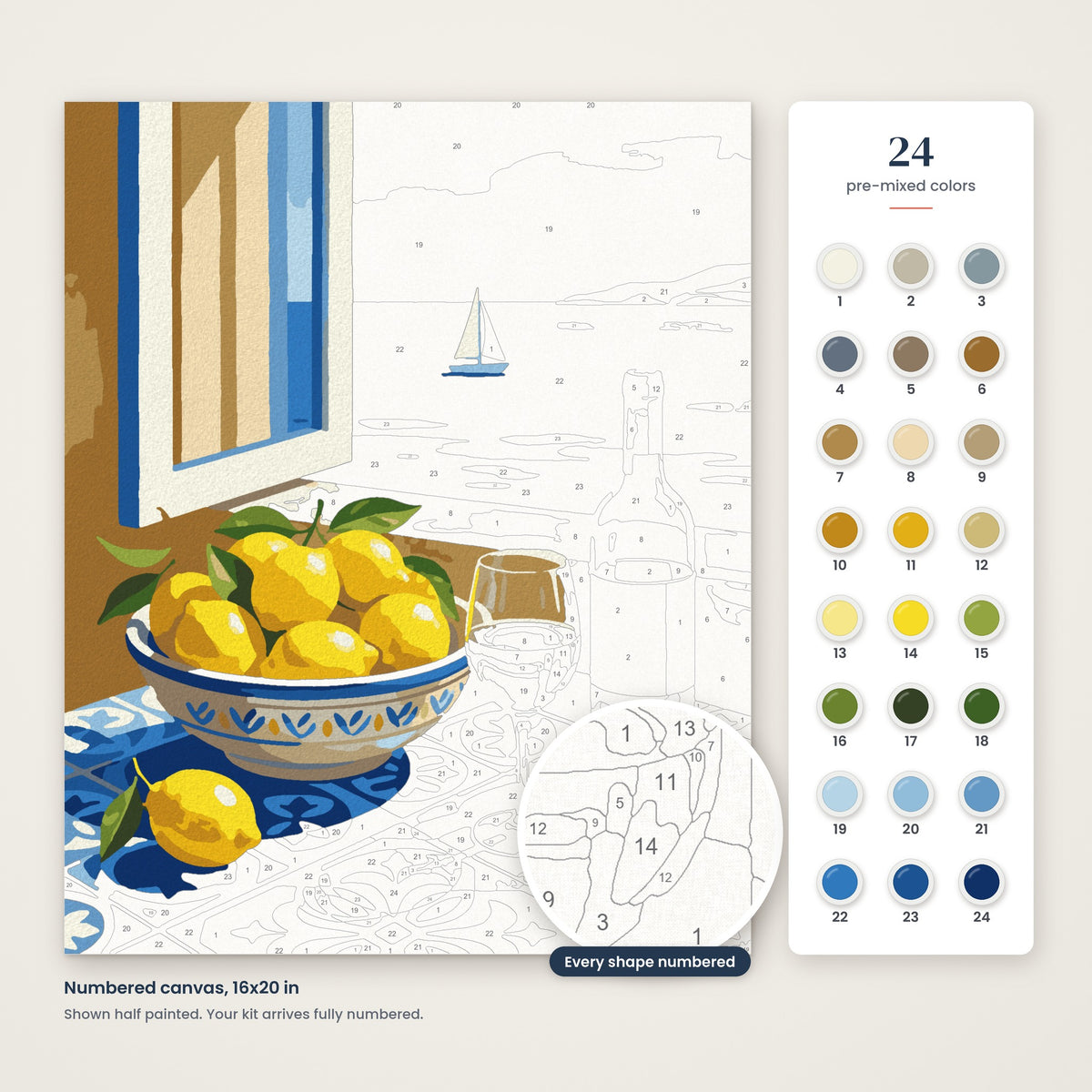 Lemons & Wine numbered canvas, half painted, with the 24 numbered paint colors