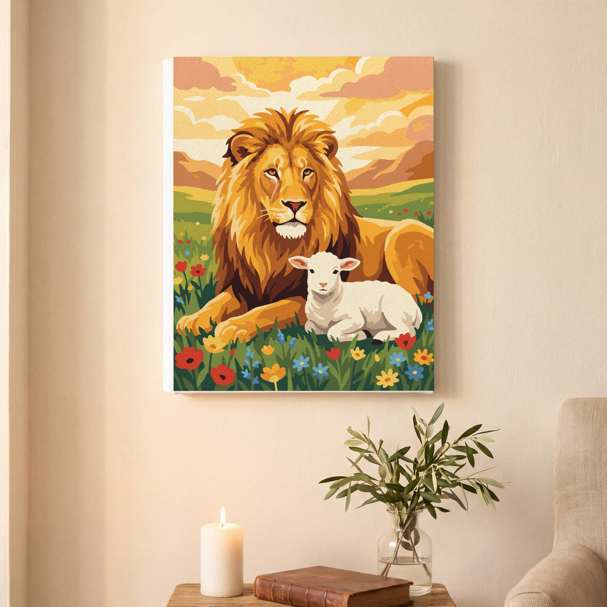 The Lion and the Lamb paint by numbers, finished and hung on the wall