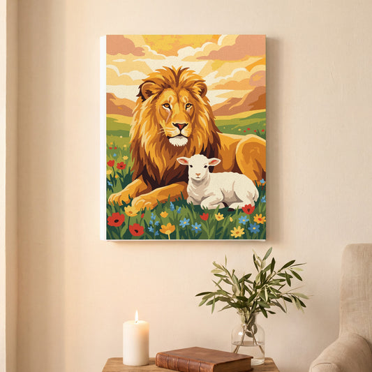 The Lion and the Lamb paint by numbers, finished and hung on the wall