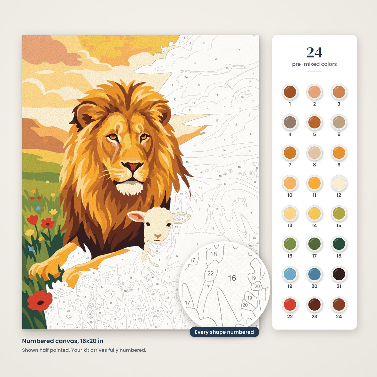 The Lion and the Lamb numbered canvas, half painted, with the 24 numbered paint colors