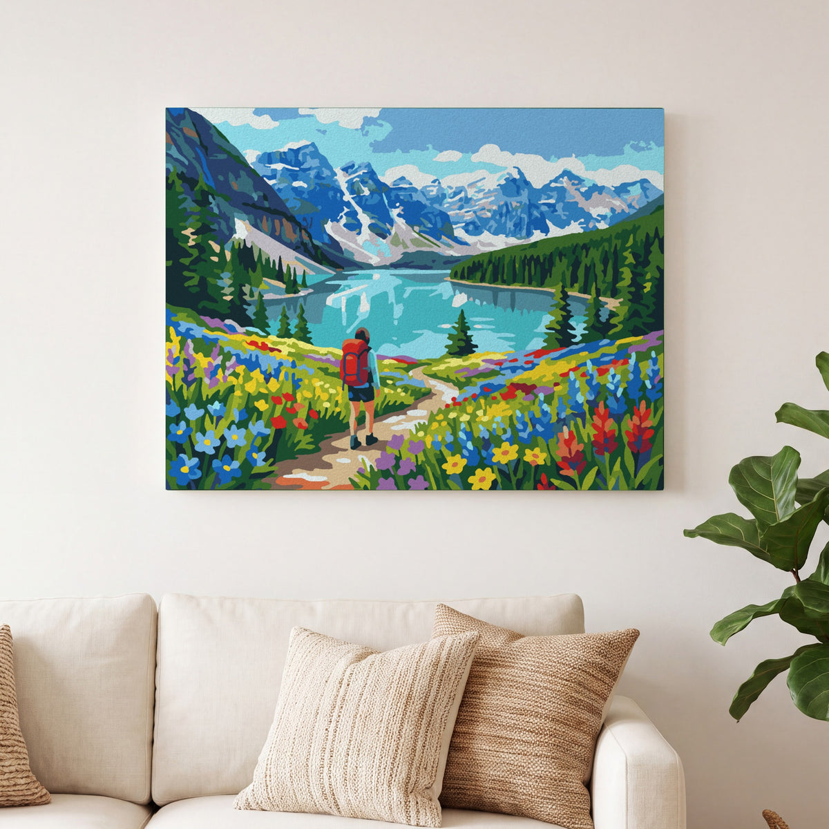Mountain Lake Hike paint by numbers, finished and hung on the wall