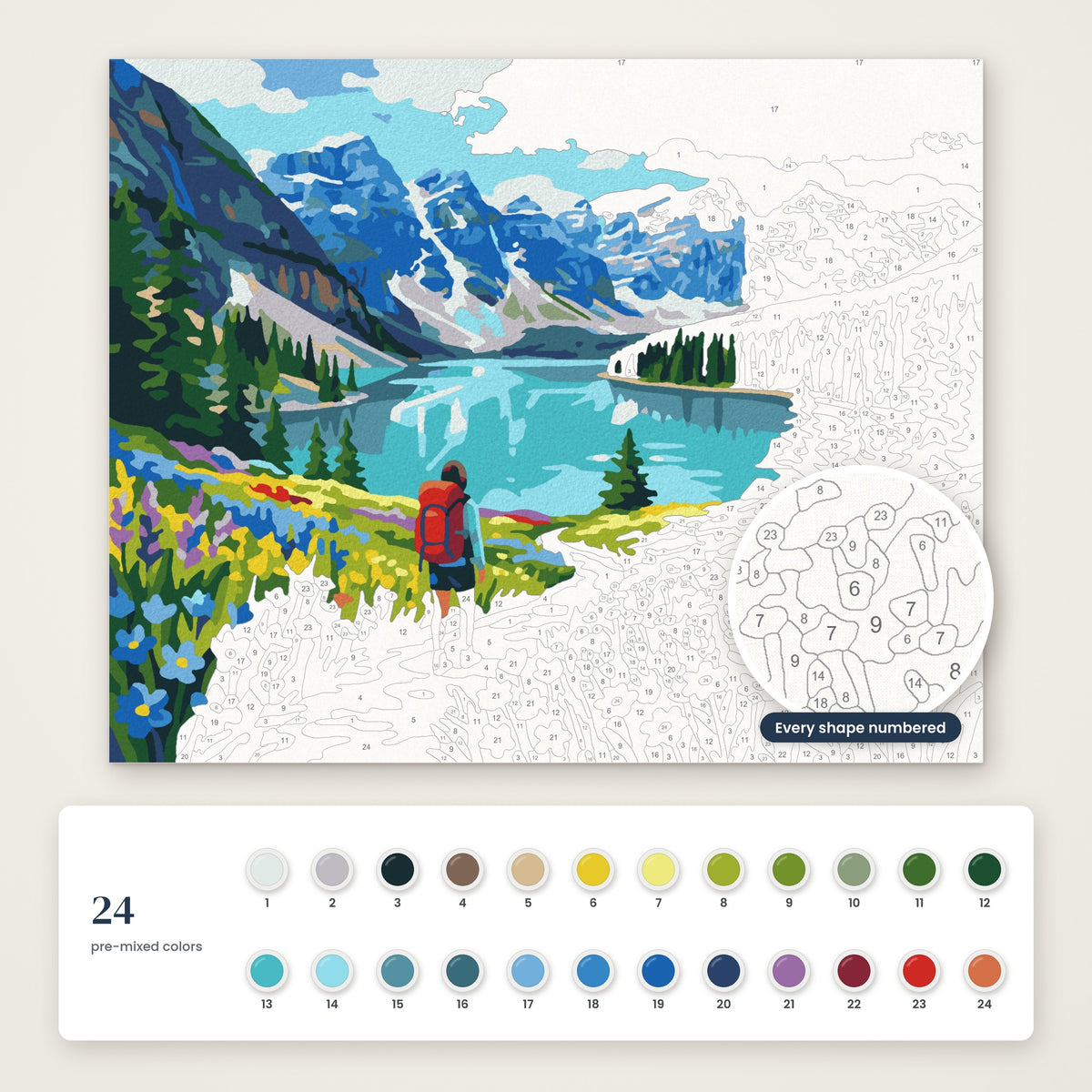 Mountain Lake Hike numbered canvas, half painted, with the 24 numbered paint colors