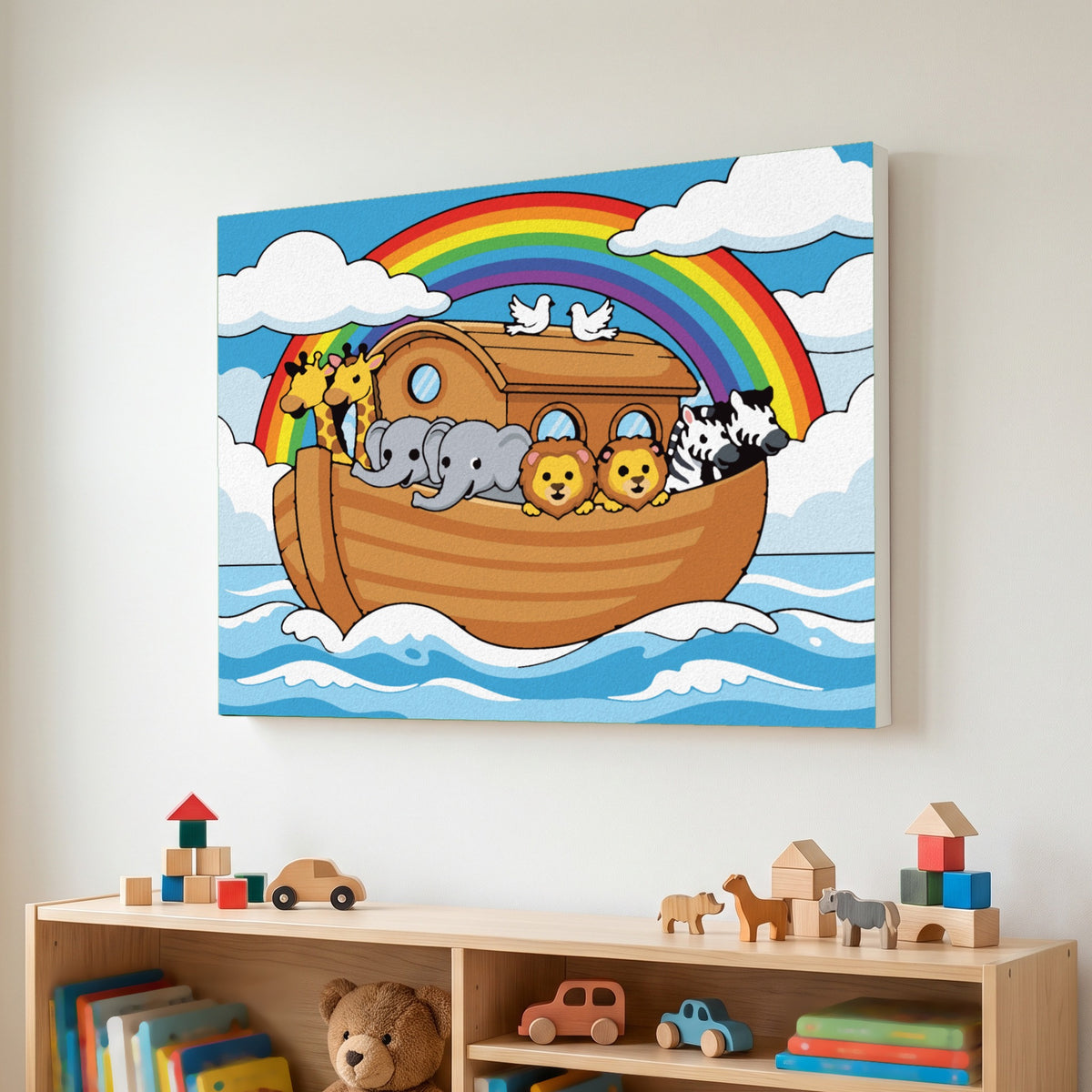 Noah's Ark paint by numbers, finished and hung on the wall